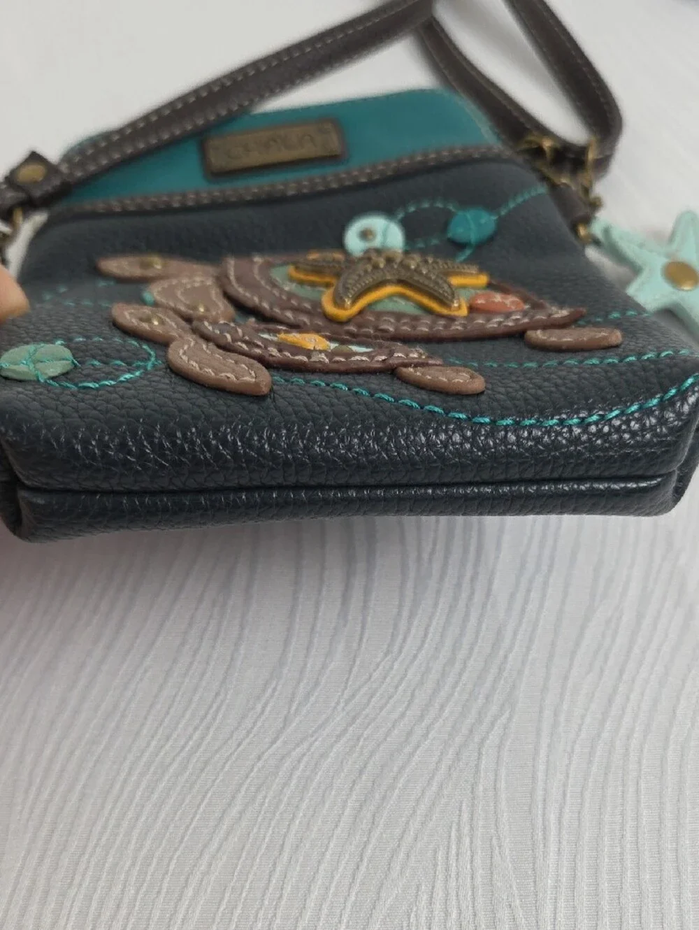 Chala Teal & Black Turtle Appliqué Crossbody Bag - Picture 3 of 6